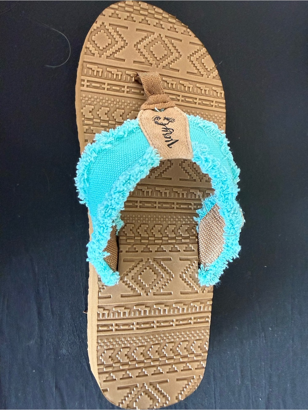 Gypsy Jazz Aqua Blue and Tan Frayed Toe-Post Sandals